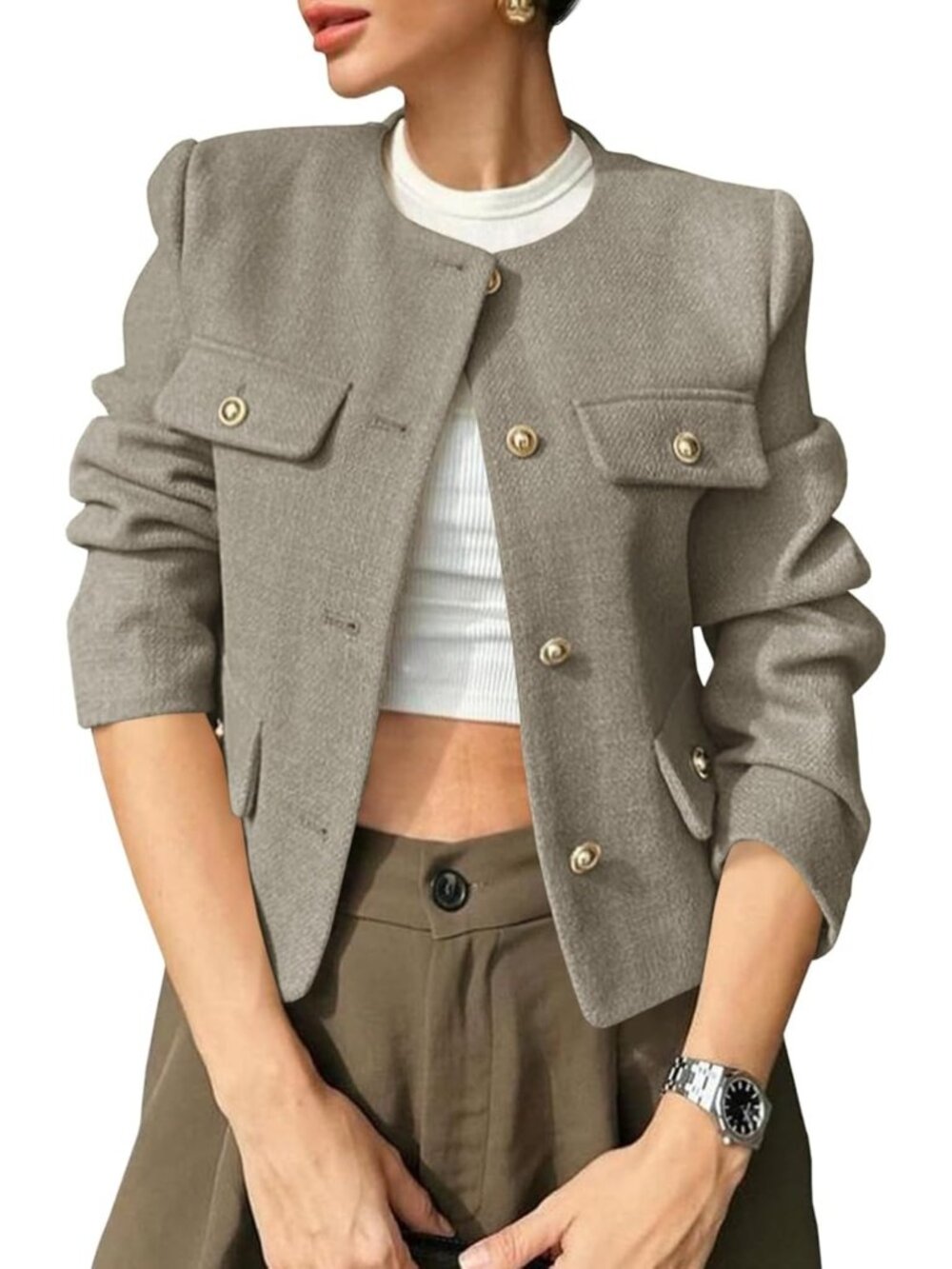 Chic Women's Cropped Tweed Blazer Jacket, Collarless Button Down Coat, Stylish
